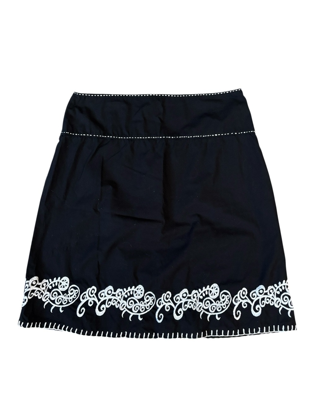 Prana Black White Stitching and Embroidered Hem Boho A-Line Cotton Skirt Size 10